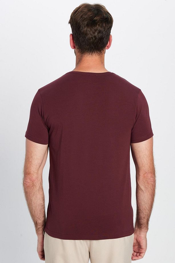 Erkek Slim Fit Dar Kesim Pamuklu Yumuşak Doku Likralı Esnek Kumaş Basic Bordo Bisiklet Yaka Tişört - 5