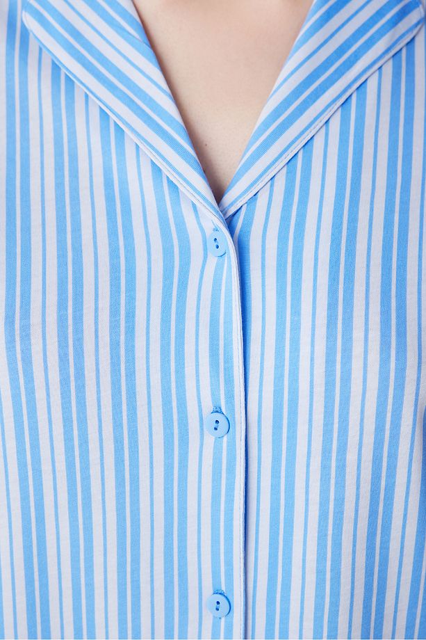 Blue Stripes Düğmeli Gömlek Şort Pijama Takımı - 3
