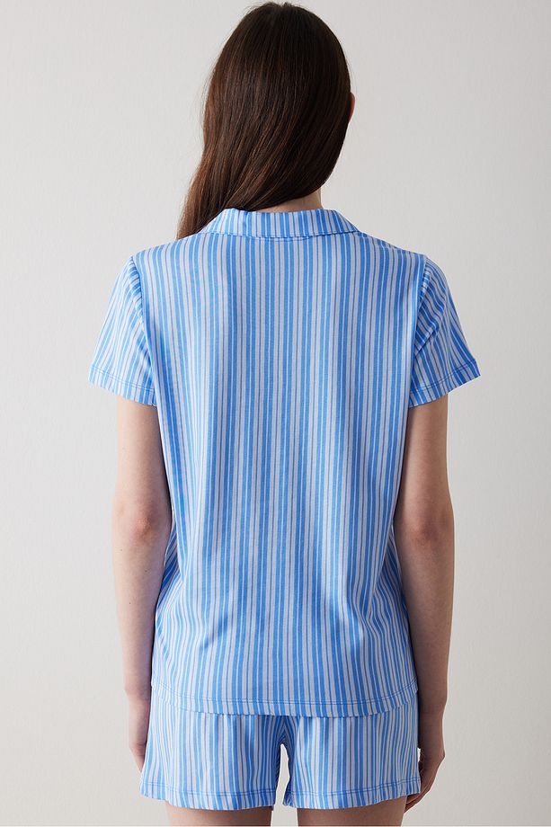 Blue Stripes Düğmeli Gömlek Şort Pijama Takımı - 4