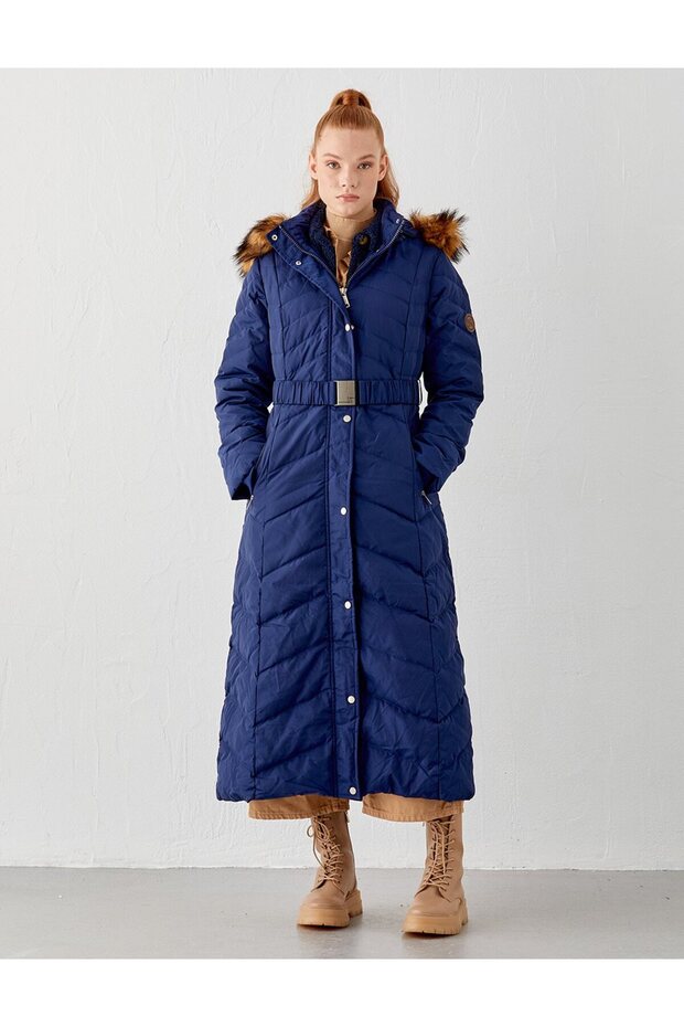 Navy Blue Zigzag Quilted Fur Coat