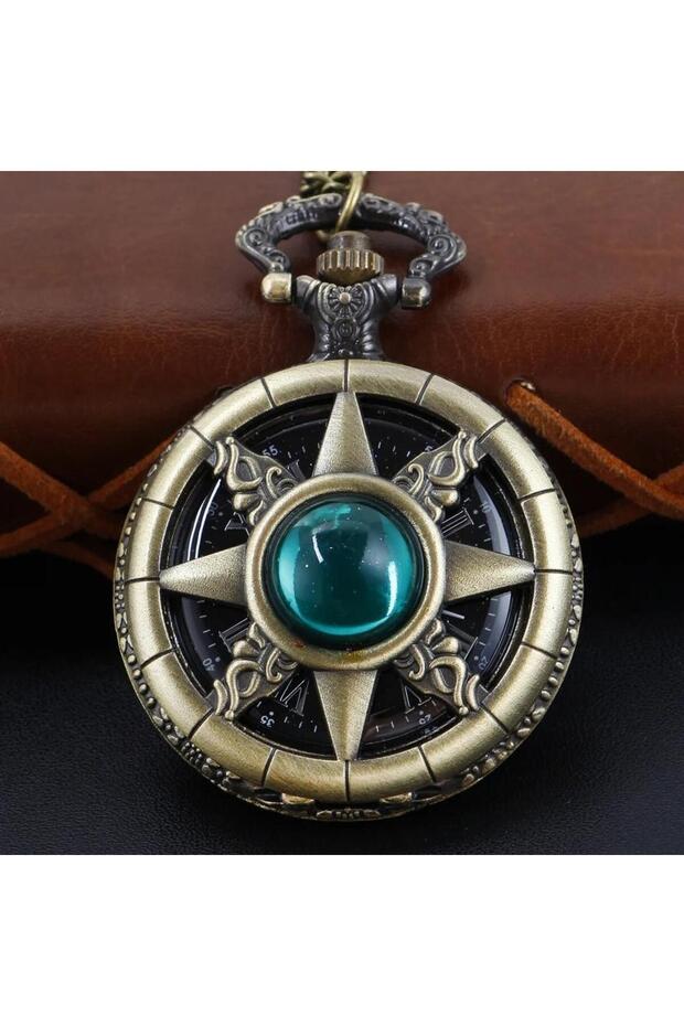 Bronze Emerald Green Antique Sun and Polar Star Figured Pocket Watch with Chain Sl8093