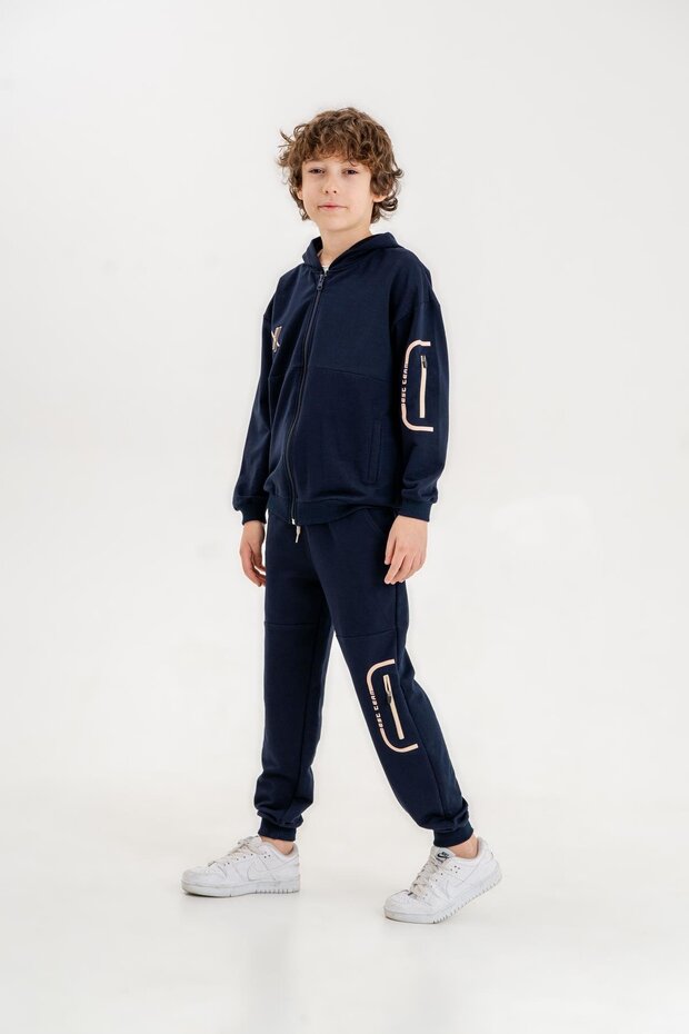 Best Team Printed Hooded Sleeve Leg Zipper Detailed Bottom Top Boy's Tracksuit Set