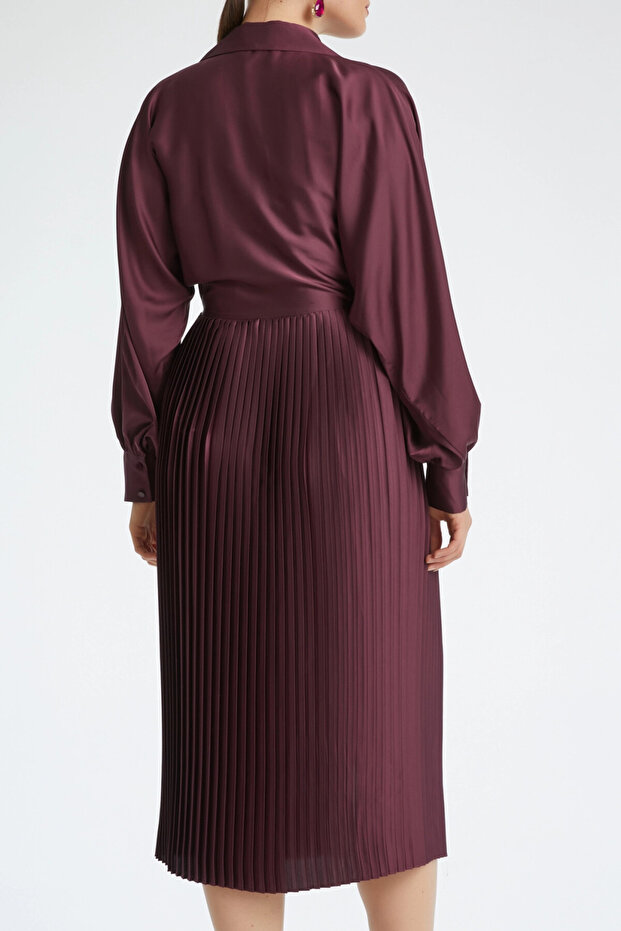 Saten Gömlek Yaka Piliseli Midi Boy Uzun Kollu ve Düğme Detaylı Mürdüm Elbise 37324 - 4