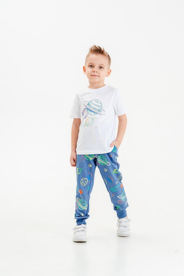 Planet Printed Boy's T-Shirt Top and Bottom Tracksuit Set