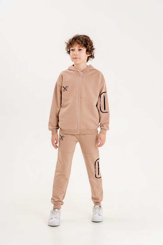Best Team Printed Hooded Sleeve Leg Zipper Detailed Bottom Top Boy's Tracksuit Set