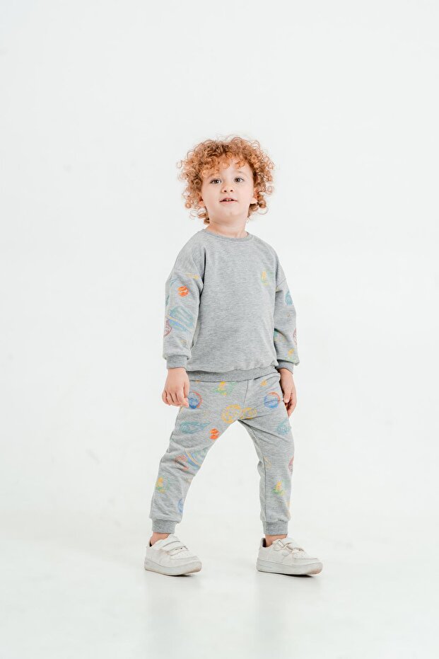 Planet Printed Crew Neck Bottom Top Children's Tracksuit Set
