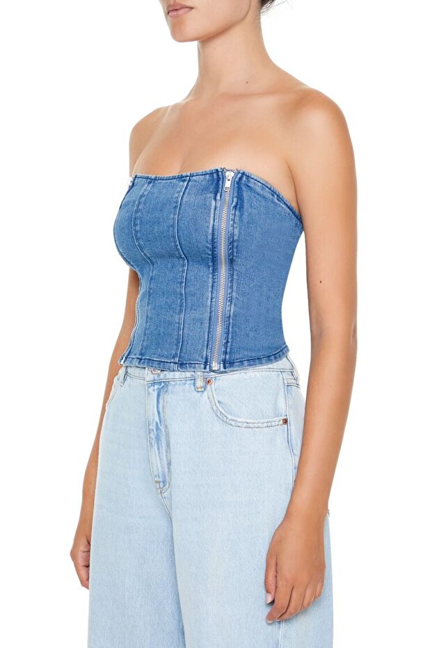 Straplez Yaka Denim Bluz - 4