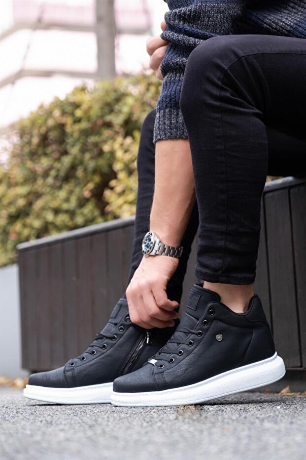 Men's Casual High Top Zippered Black and White Sneaker Shoes