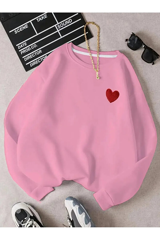 Heart Printed Oversize Ribbed Crew Neck Sweatshirt