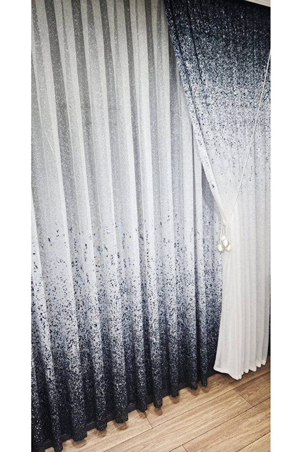 Navy Blue Color Gradient Sprinkled Single Wing Tulle Background Curtain Right