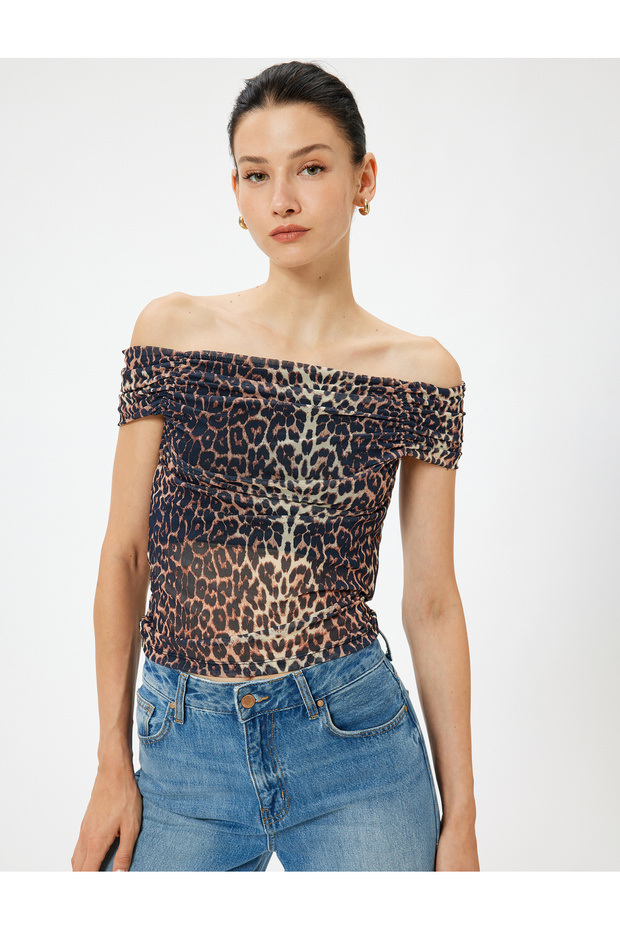 Leopard Print Madonna Collar Blouse Off-The-Shoulder Tulle Draped Detail