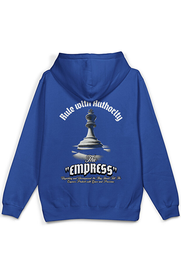 Empress Chess Back مطبوع بغطاء رأس Semi قصة فضفاضة سترة بقلنسوة زرقاء 1196
