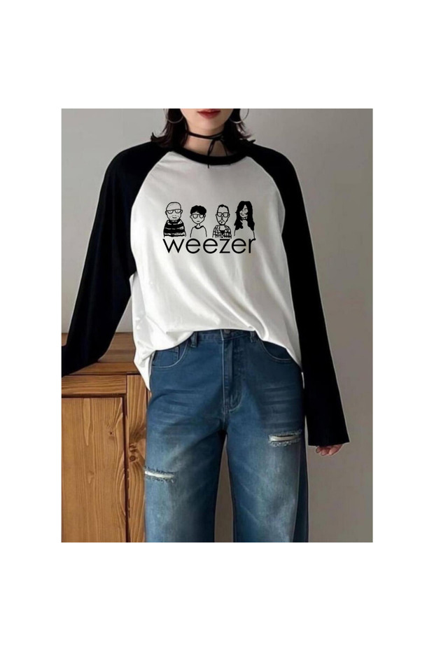 Mingalondon Weezer Raglan Long Sleeve Printed White T-Shirt