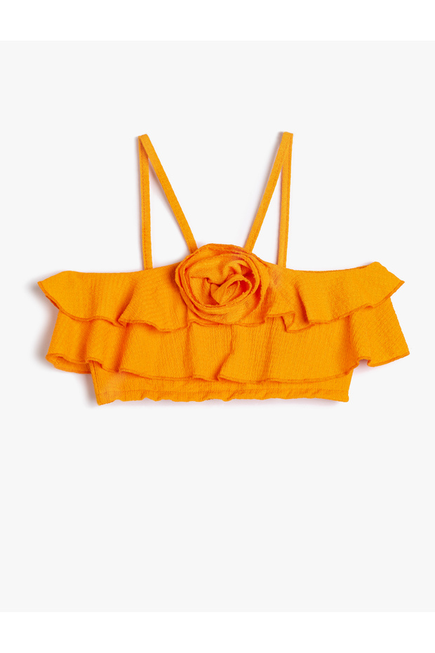 Cropped Tank top with Thin Straps, Floral Applique and Ruffles