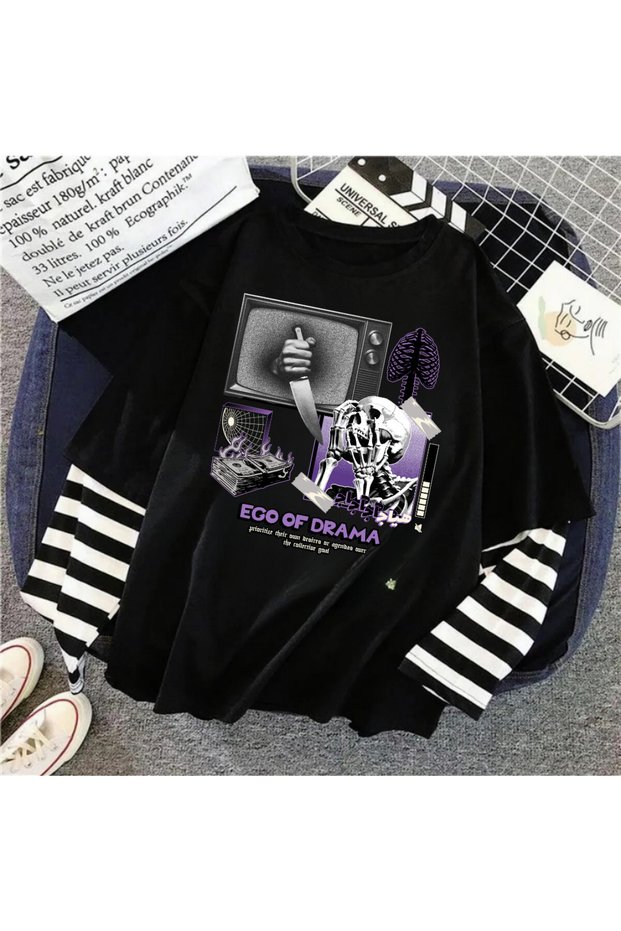 Ego of Drama Sleeves Unisex Fake Long Sleeve Black T-Shirt