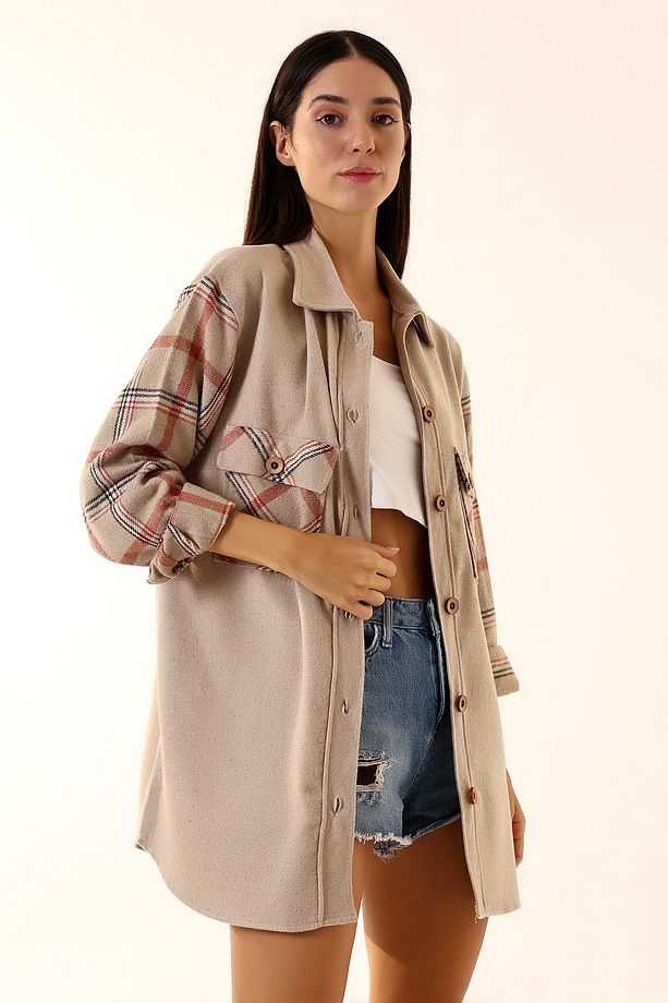 Kadın Kahve Kiremit Ekose Oversize Oduncu Gömlek - 4