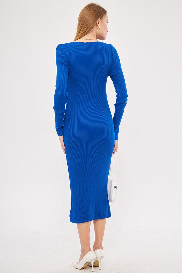 Kadın Saks V Yaka Uzun Triko Elbise ARM-24K012012 - 5