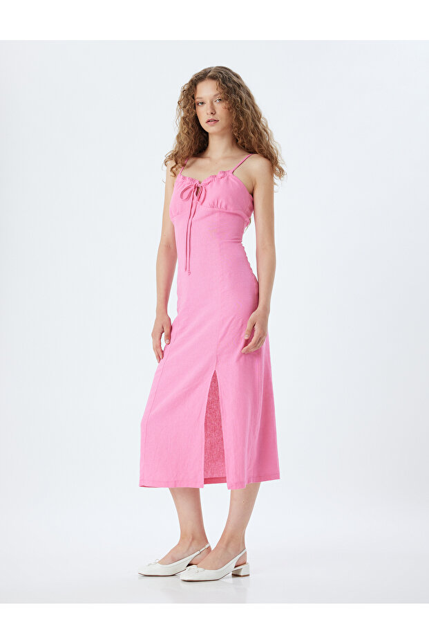 Long Dress Linen Blended Straps Slit Tie Front