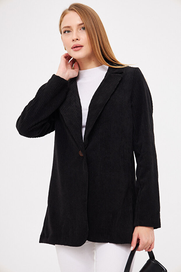 Women's Black Single Button Velvet Jacket ARM-24K001043