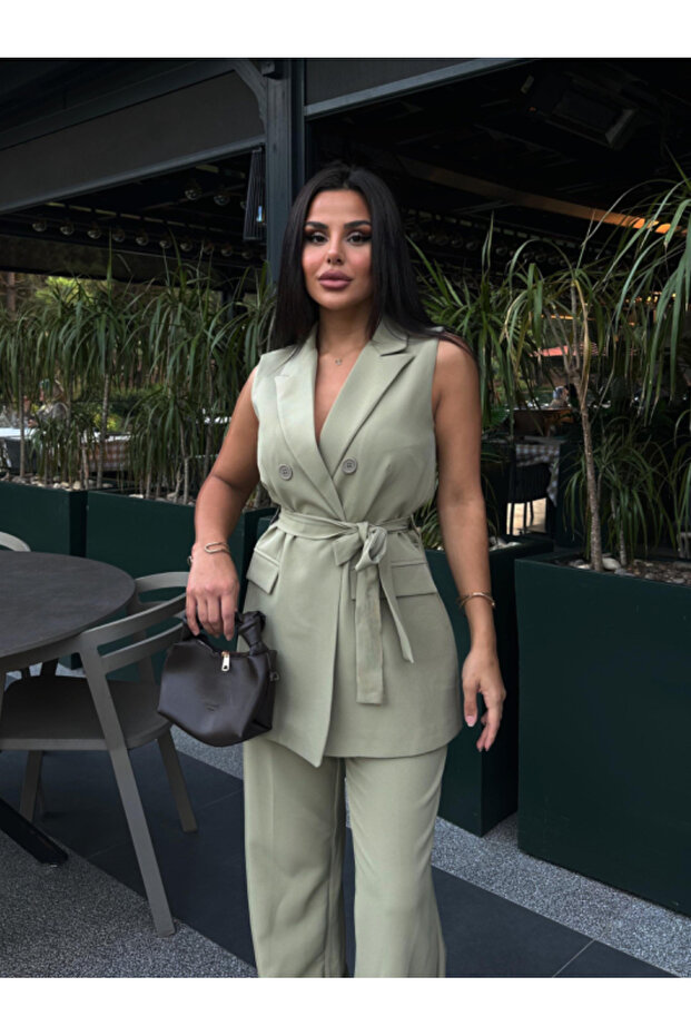 Women's Belted Vest Trouser Suit Khaki