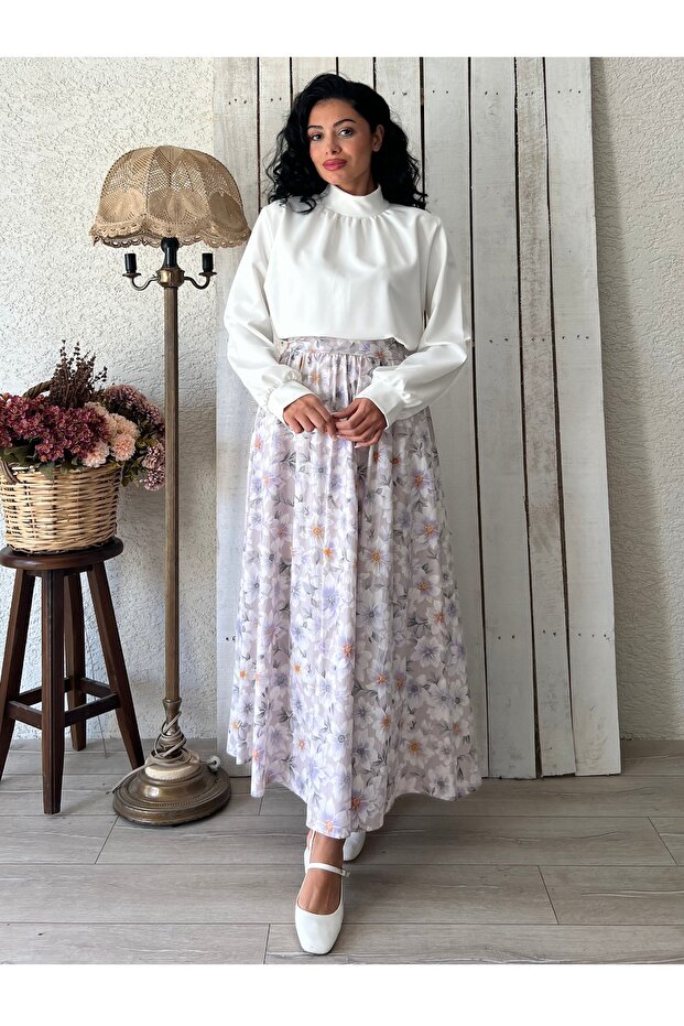 Lilac Azalea Flower Flared Poplin Skirt
