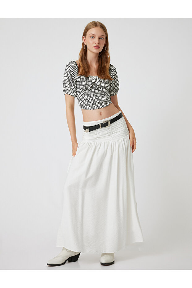 Balloon Sleeve Crop Blouse Gingham Wrinkled Square Collar