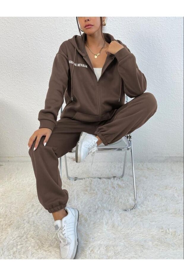Női 3 szálas barna Sierra Nevada nyomtatott kardigán Jogger oversize tréningruha szett - 5