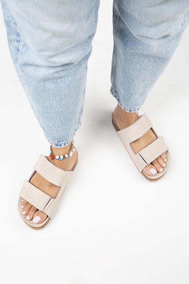 Vina Women's Genuine Leather Velcro Beige Slippers