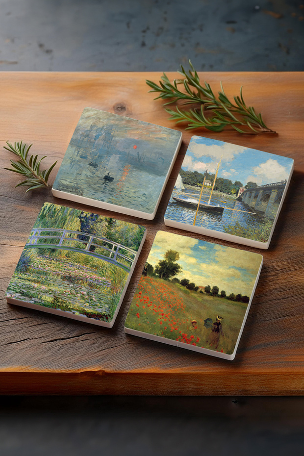 Claude Monet Argenteuil'de Köprü, Gelincikler, Izlenim Gün Doğumu, Nilüfer Gölü Taş Bardak Altlığı - 1