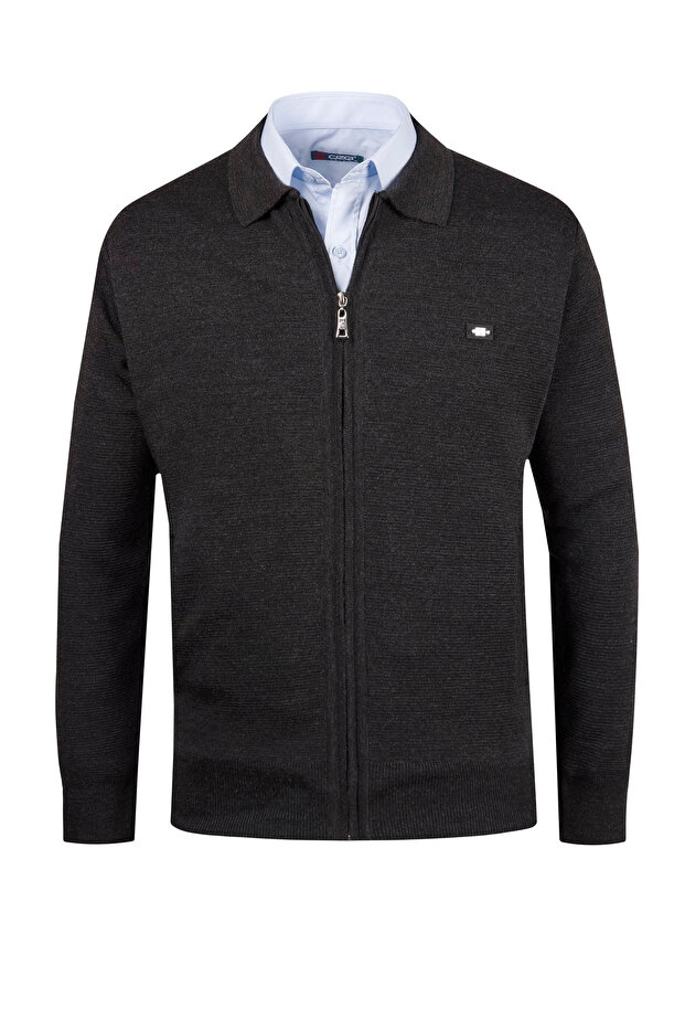 Men's Polo Collar Lined Knitwear Dark Gray Coat Zippered Patterned Steel Knit