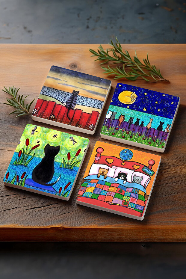 Cat Stone Coaster Desktop Protective Coaster 4 Piece Set 10x10cm Stone Coasters