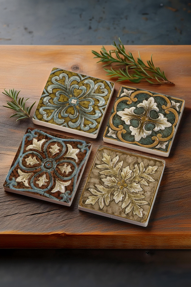 Pattern Stone Coasters Desktop Protective Coasters 4 Piece Set 10x10cm Stone Coasters