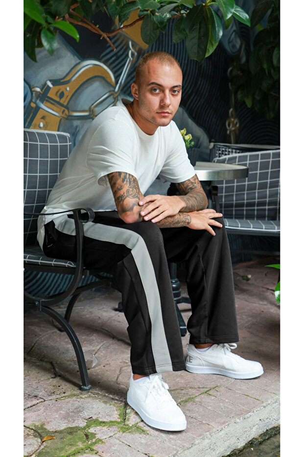 Men's Black Garni Detailed Loose Cut Sweatpants