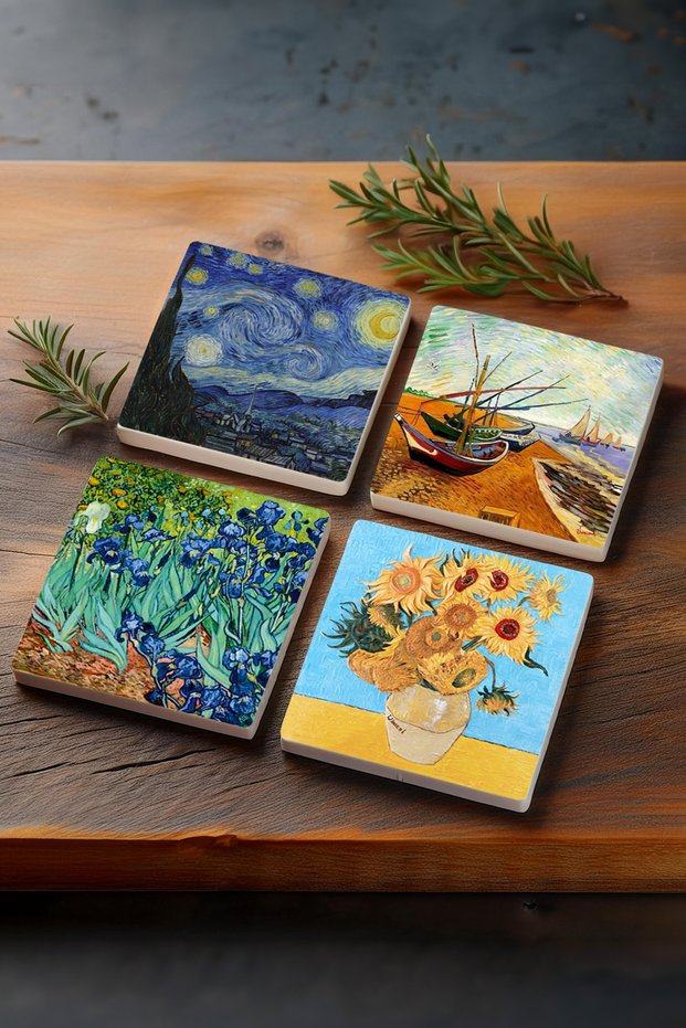 Van Gogh Fishing Boats, Vase with Twelve Sunflowers, Irises, Starry Night Stone Coasters Set of 4