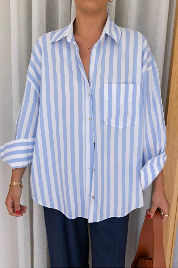 Women's Blue and White Striped Oversize Pocket 100% Cotton Shirt