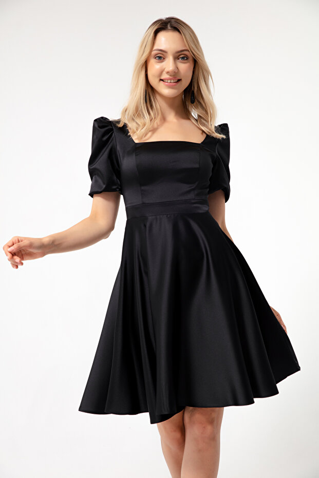 Women's Black Balloon Sleeve Flared Cut Mini Satin Evening Dress