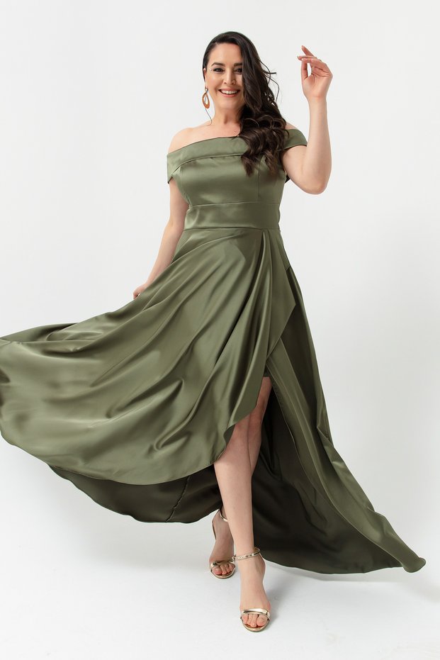 Women's Khaki Boat Neck Plus Size Satin Evening Dress & Graduation Dress