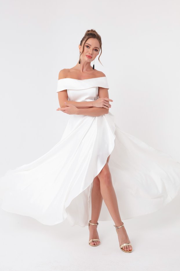 Women's White Boat Neck Satin Evening Dress & Graduation Dress