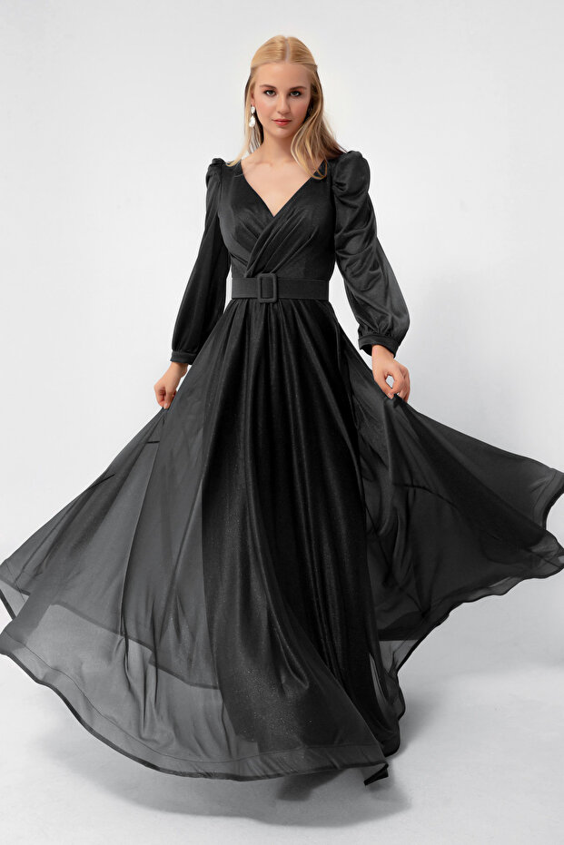Women's Black Slim Fit Double-Breasted Collar Glitter Long Flared Evening Dress