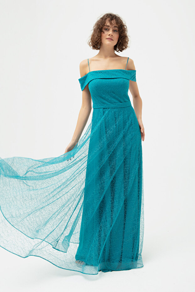 Women's Turquoise Boat Neck Silvery Long Evening Dress