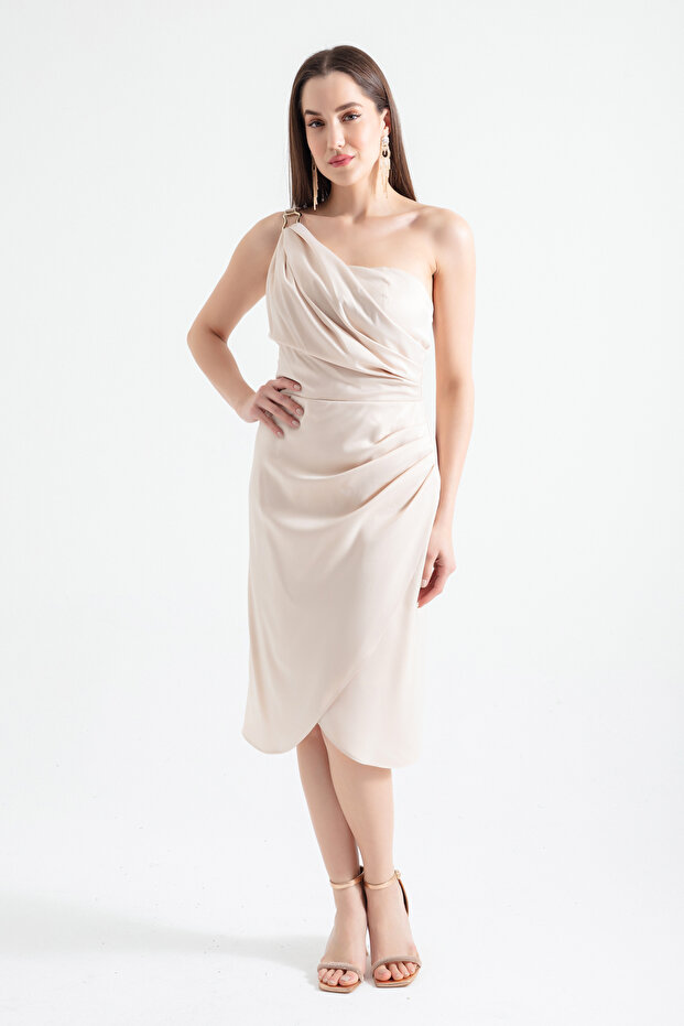 Women's Beige One Shoulder Midi Satin Evening Dress