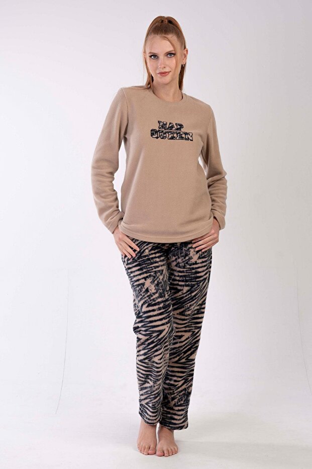 Vienetta Light Brown Women's Fleece Long Sleeve Pajama Set
