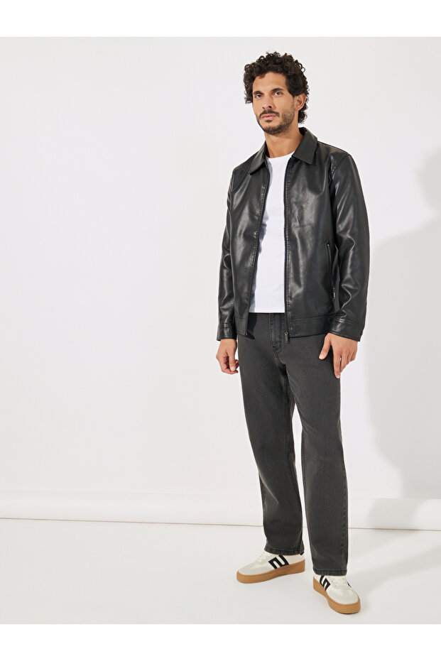 سترة أنيقة بمظهر جلدي مع تفاصيل سحاب - 2