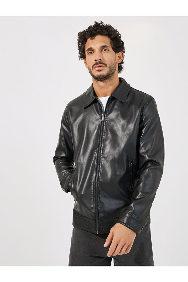 سترة أنيقة بمظهر جلدي مع تفاصيل سحاب - 3