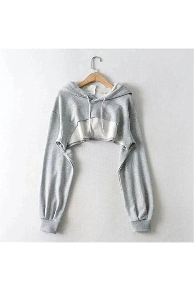 Basic Crop Kapüşonlu Kısa Sweatshirt - 1