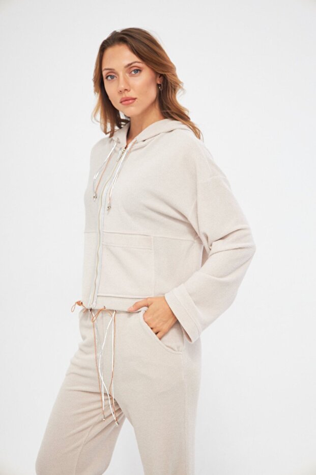 KAPÜŞONLU BEJ BLUZ - 4