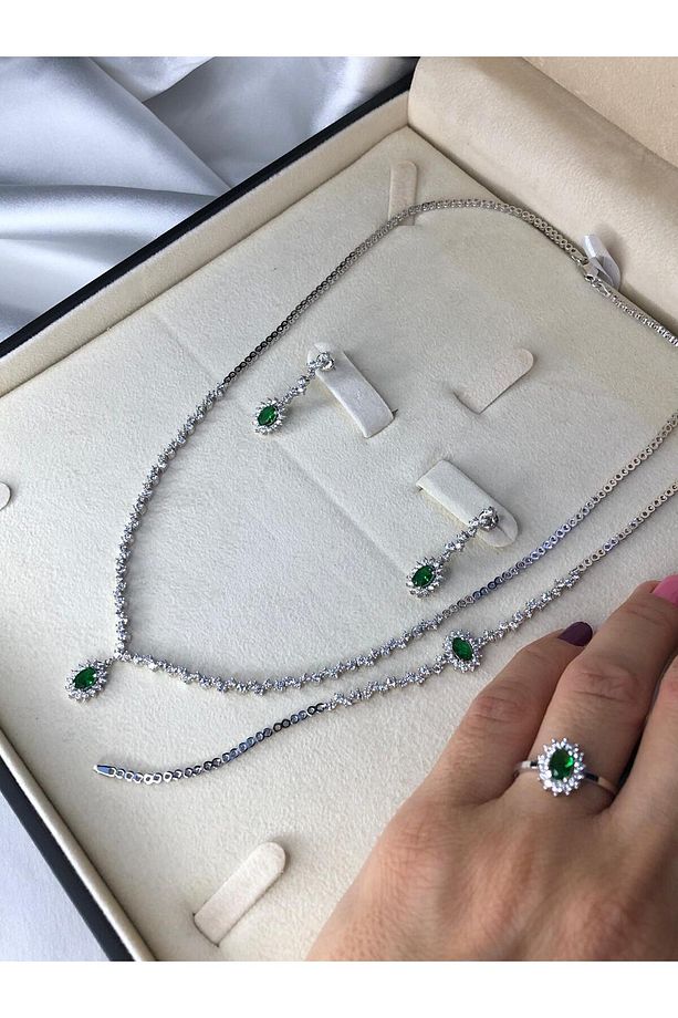 Kadın Gümüş Set - Amore Zümrüt Taşlı Su Yolu • Işıklı Kutuda • Düğün • Nişan • Gelin Seti Takımı - 1