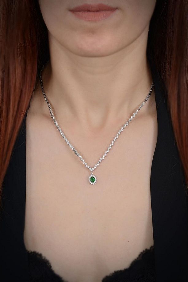 Kadın Gümüş Set - Amore Zümrüt Taşlı Su Yolu • Işıklı Kutuda • Düğün • Nişan • Gelin Seti Takımı - 4