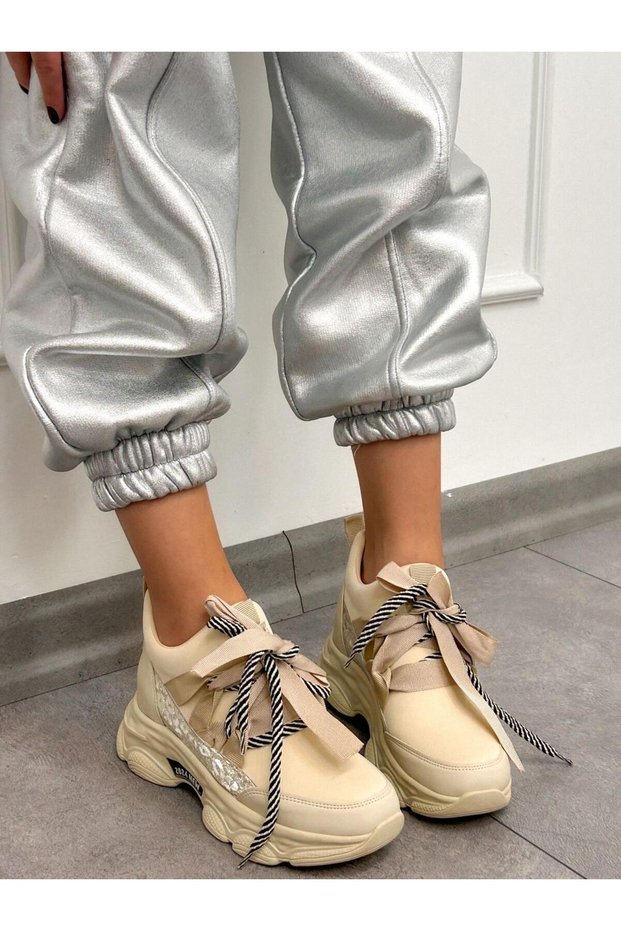 Beige Diver (Bonnie) Bow Detail Women's Lace-up Sneakers