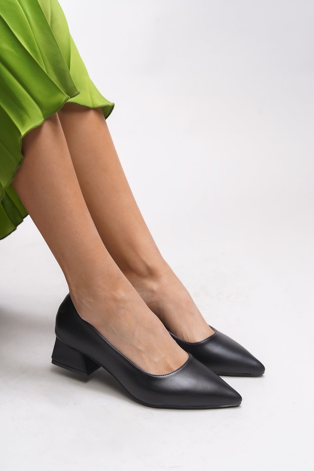 Tielfudh Women's Pointed Toe Short Heeled Shoes 001241863 Black Skin